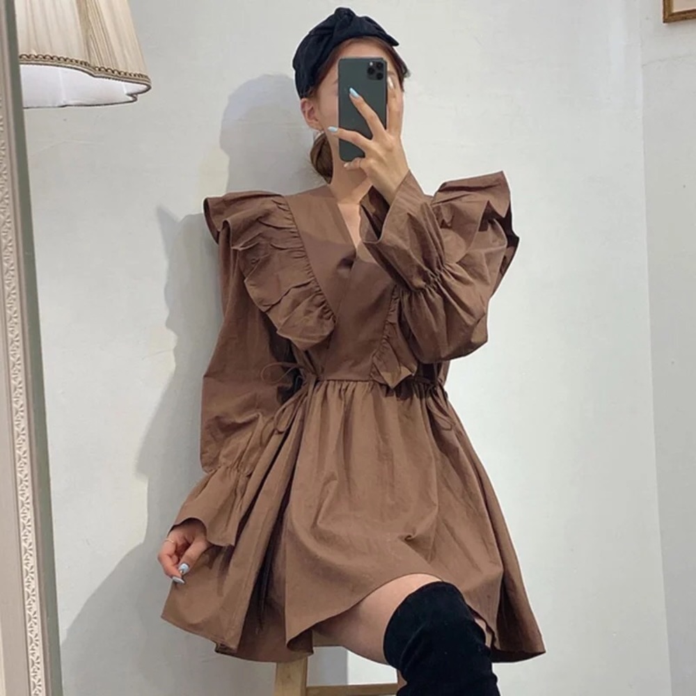 Ruffle dress butterfly mocha brown v-neck womens flare dresses - Picture 2 of 6